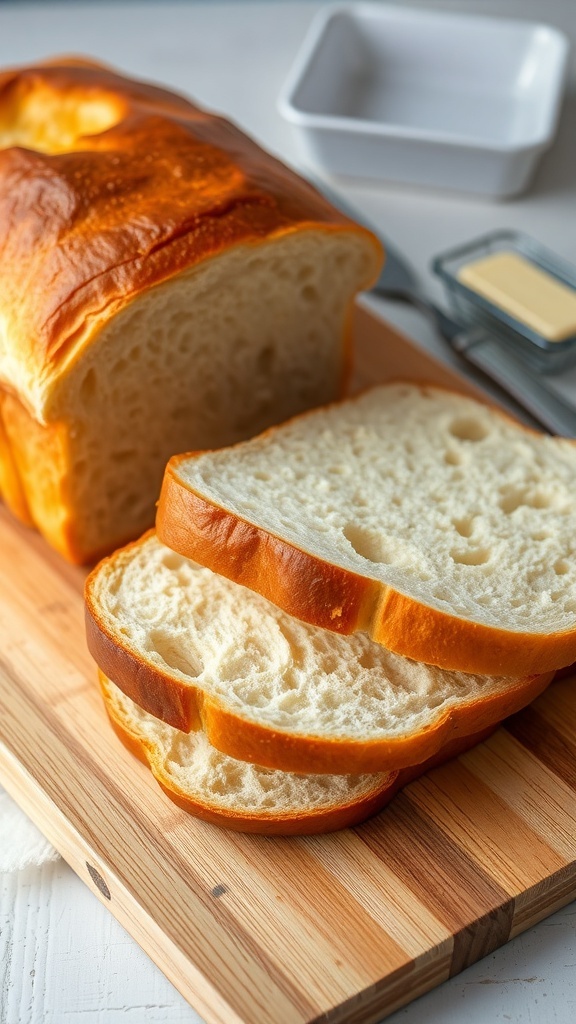 Quick Rising Sandwich Bread Recipe Freshly baked sandwich bread loaf, sliced, on a wooden cutting board.